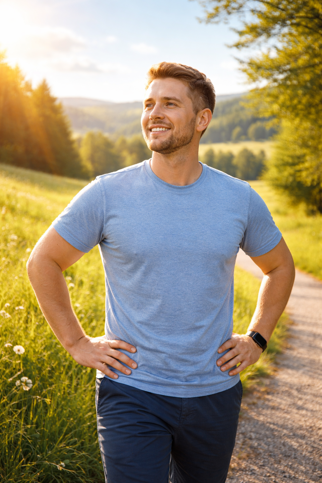 Homme souriant dans un parc ensoleillé